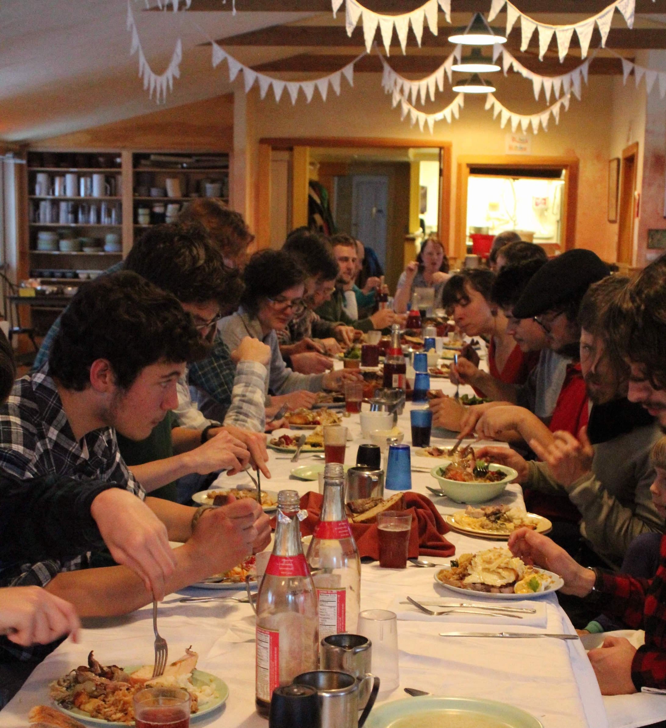 Our final community-wide feast, called GlenGiving, hosted and prepared by the gappers. Sam cooked a 40-pound turkey; Nory baked 6 pumpkin pies from Glen Brook pumpkins—and both were widely agreed to be the best anyone had ever had! Also featuring Dan’s home-made sourdough, Ed’s slow-cooked potatoes, and many other culinary delights.