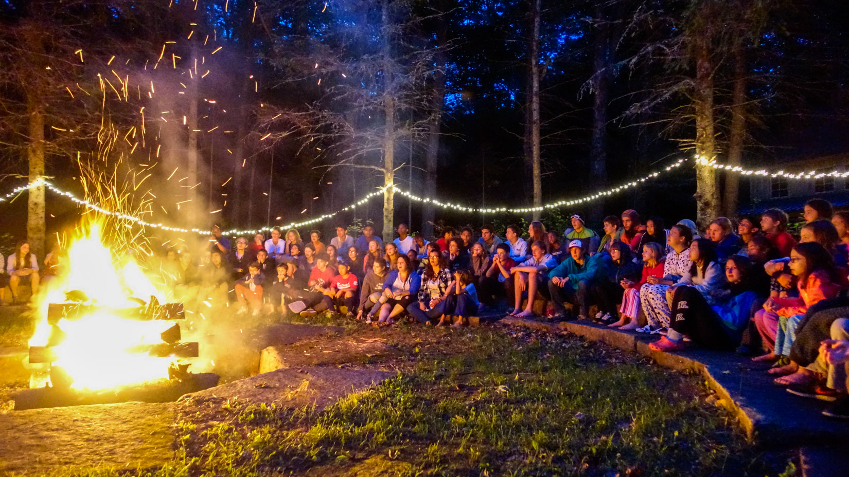 Campers gathered around a campfire at night.