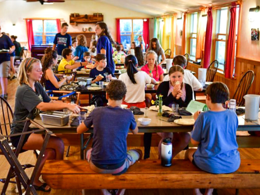 Campers eating food around the table