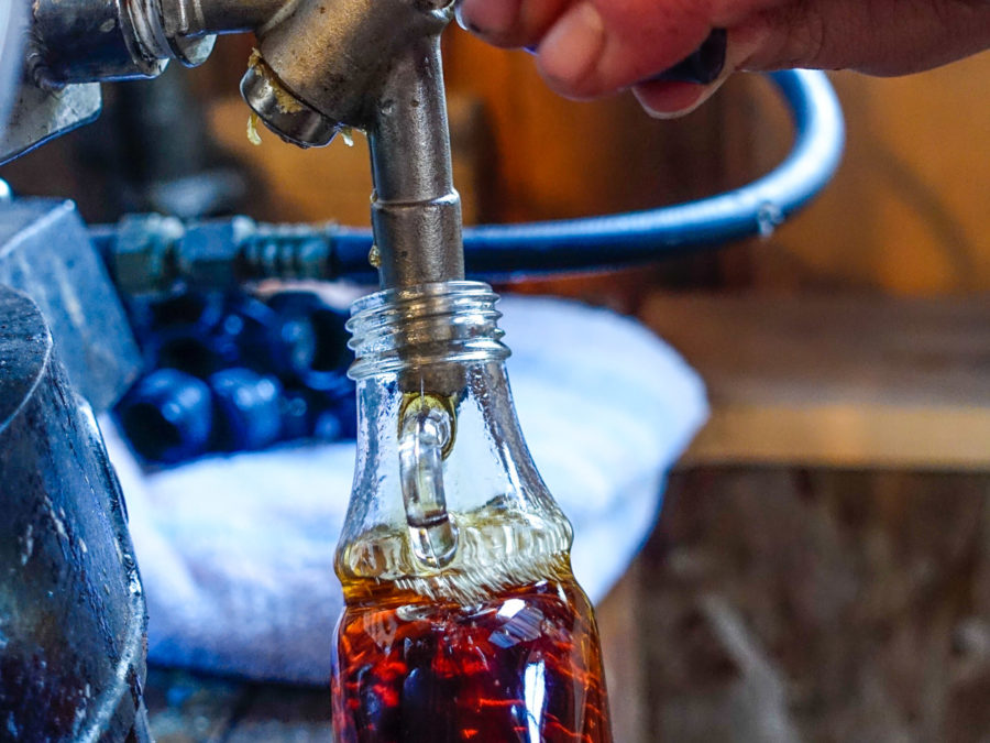 The process of creating maple syrup.
