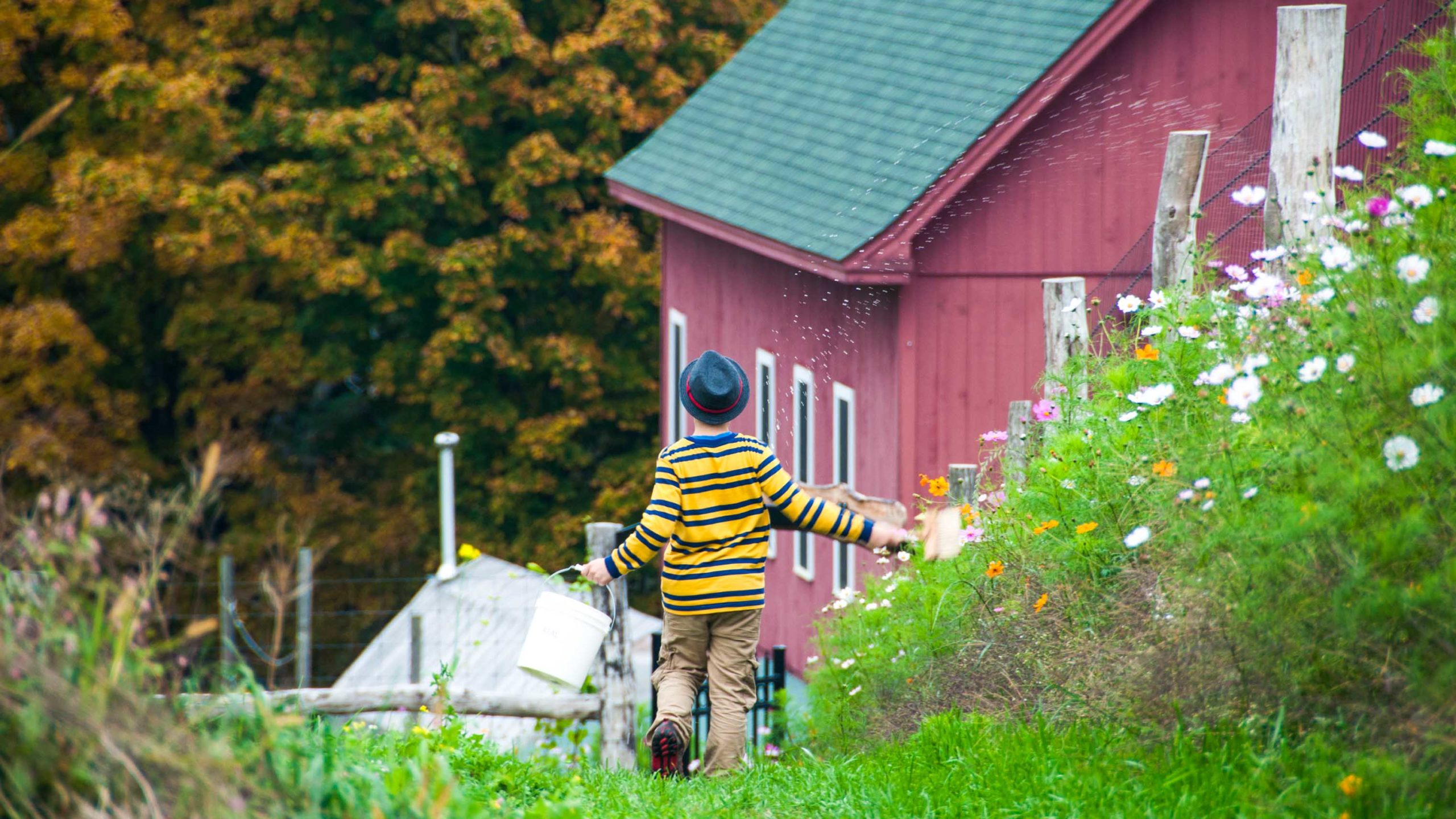 A camper walking along a green path.