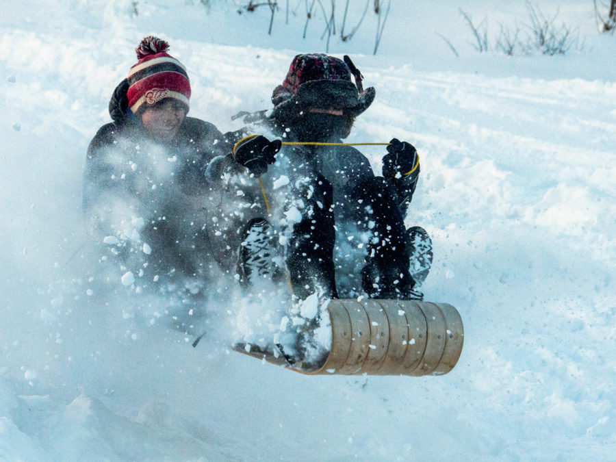 Campers sledding down a hill.