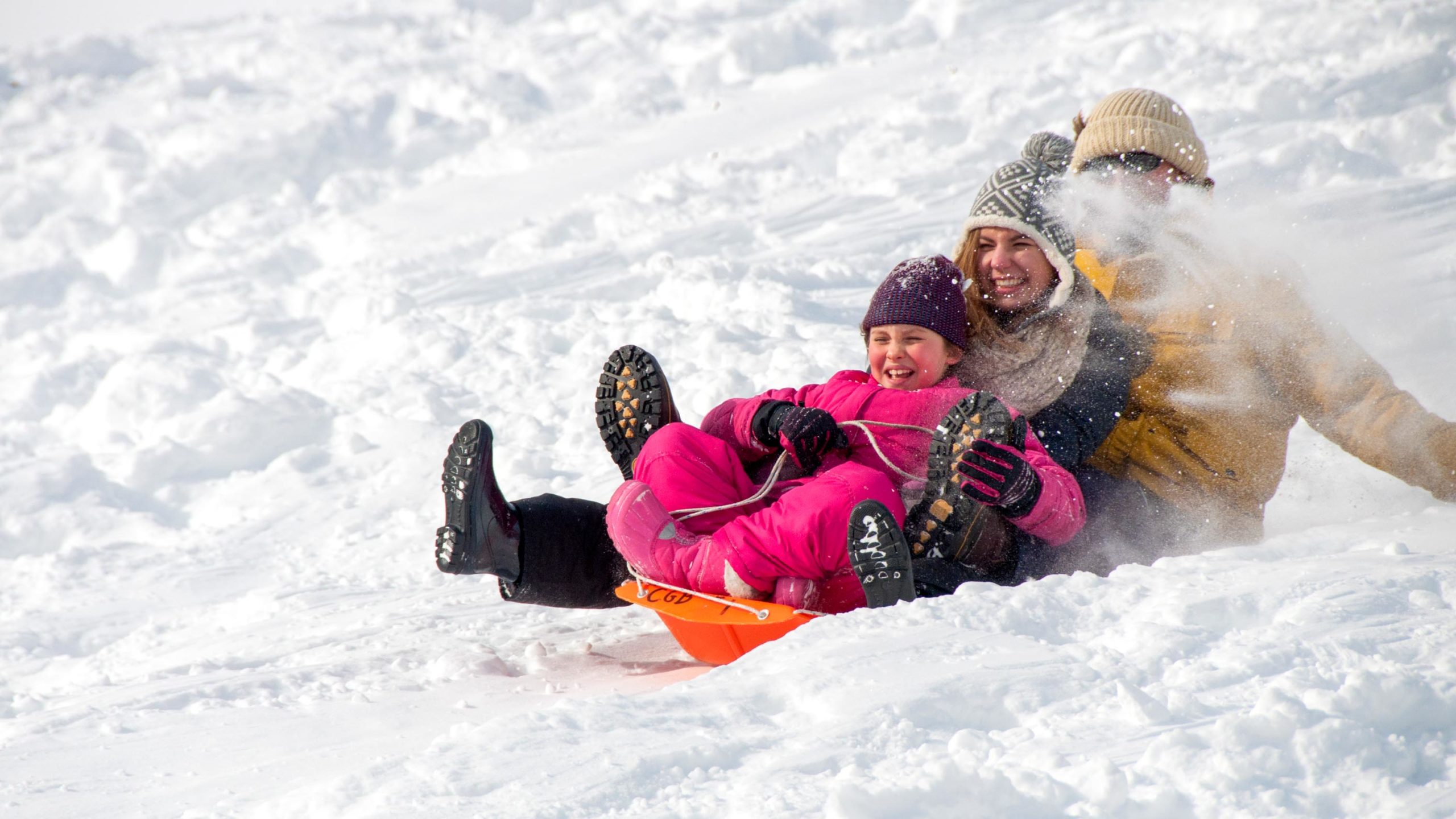 Campers laughing while sledding down a hill.