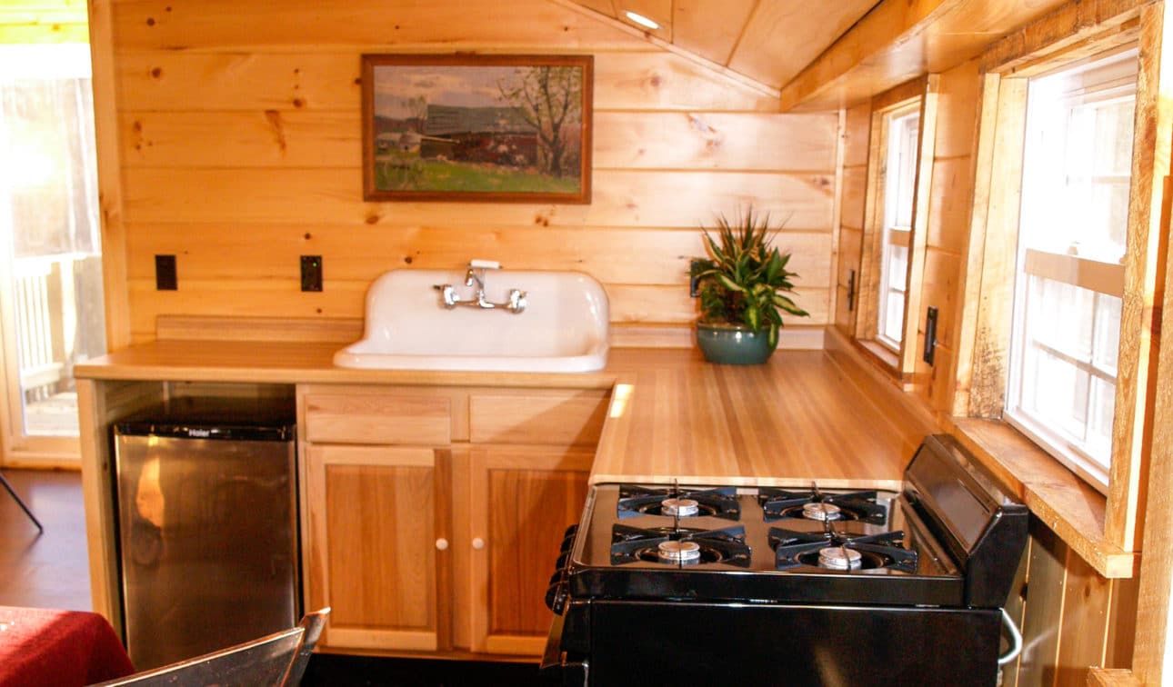 An interior view of the cottage showing the kitchen area